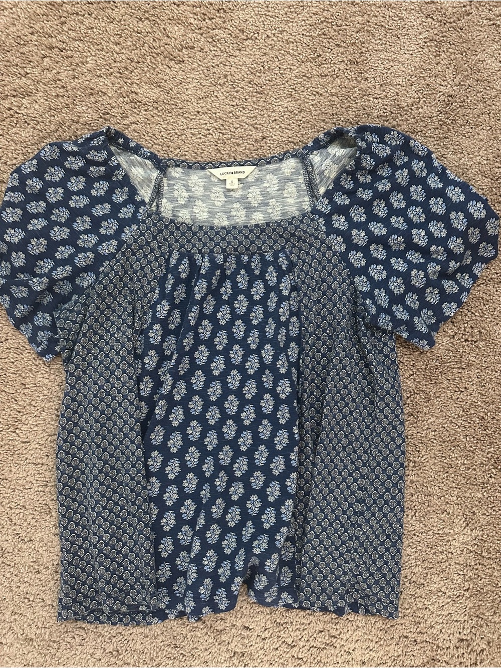 Lucky Brand Blue Mixed-Print Short Sleeve Blouse